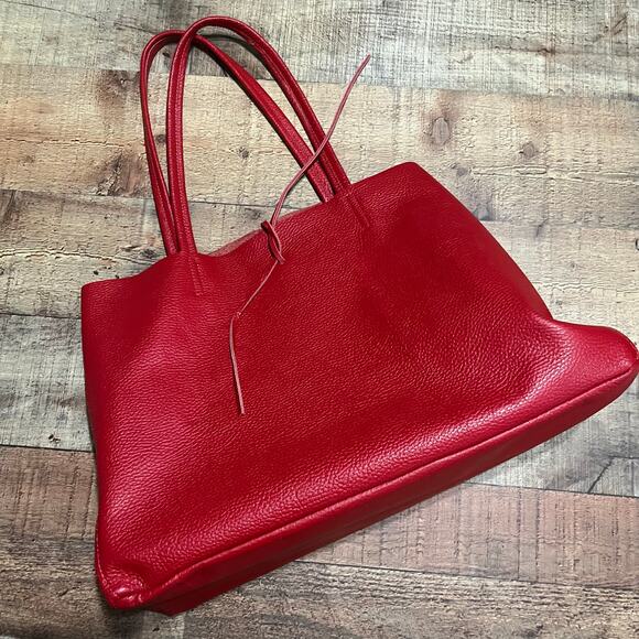 Red Genuine Pebbled Leather Italian Shoulder Bag Tote 16" x 11" x 5" - Picture 1 of 7